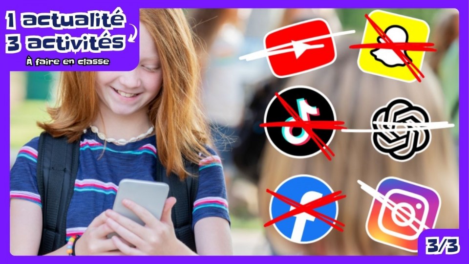 Un enfant qui regarde un cellulaire. Sur l’image, on voit les logos de réseaux sociaux avec des X rouge sur chacun.
