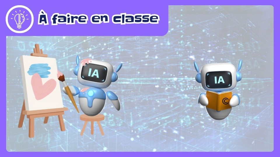 Un robot peignant une toile, et un second, tenant un livre ouvert, qui se questionne sur le droit d’auteur.