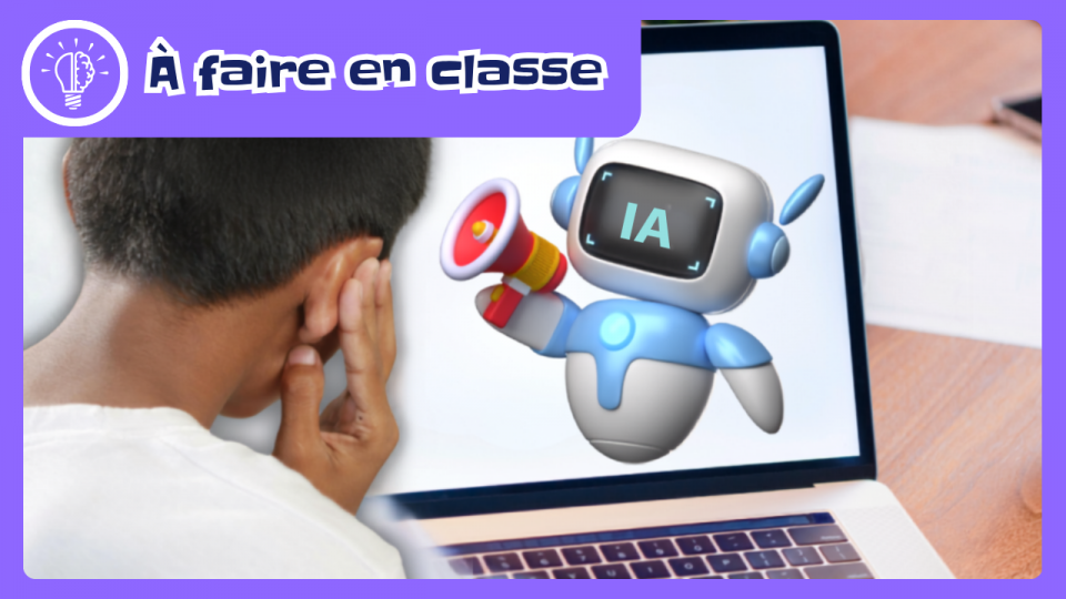 Un garçon devant un portant, se bouchant les oreilles. Sur l’écran, un petit robot envoie un message par un porte-voix.
