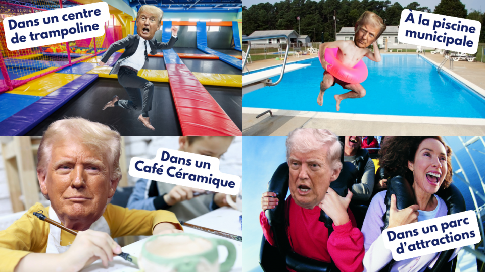 En haut à gauche, on voit le président américain Donald Trump qui saute dans un centre de trampoline. En haut à droite, on voit Donald Trump en train de sauter dans la piscine municipale. Il a un flotteur gonflable rose autour de la taille. En bas à gauche, on le voit entrain de décorer une tasse dans un café céramique. En bas à droite, on le voit dans un parc d'attractions en train de crier de peur à côté d'une dame qui crie de joie. 