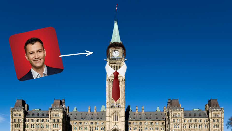 On voit la tour de la Paix, un bâtiment canadien. Elle a un tour de cheveux, un col de chemise et une cravate rouge. À sa gauche, on voit la photo d'Éric St-Pierre et une flèche qui pointe vers le déguisement. 