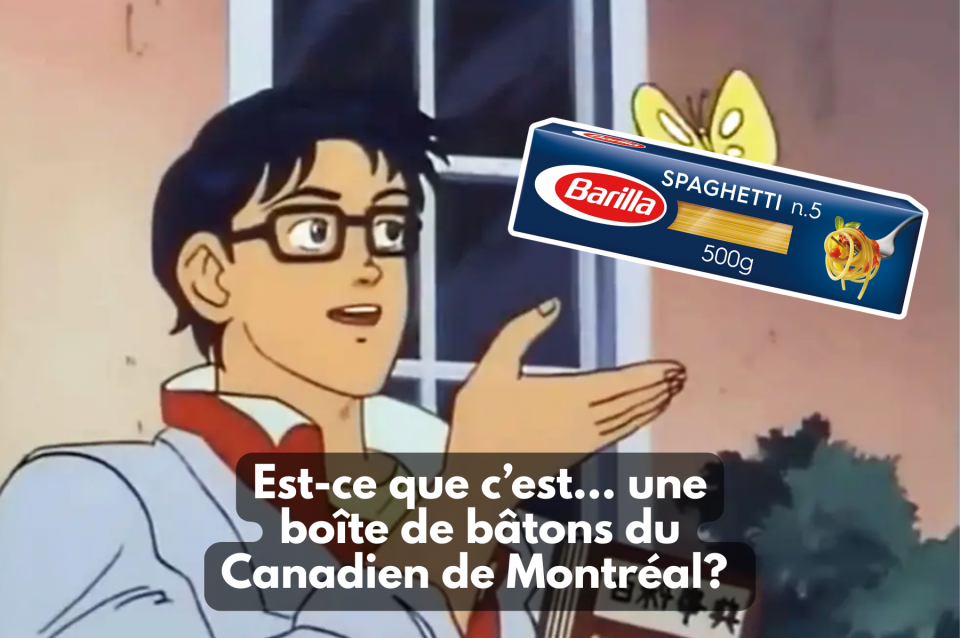 On voit un personnage qui montre une boîte de spaghetti en demandant: est-ce que c'est... une boîte de bâtons du Canadien de Montréal? 