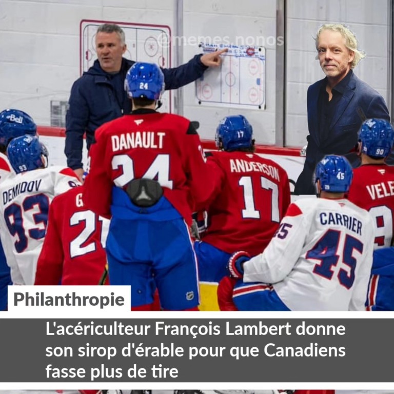 On voit le coach des canadiens, Martin St-Louis, qui pointe au tableau. À côté de lui, il y a l'homme d'affaire François Lambert. Les deux regardent les joueurs de l'équipe de hockey du Canadien de Montréal. En bas, il est écrit: « Philanthropie (ça signifie donner, faire des dons): L'acériculteur François Lambert donne son sirop d'érable pour que Canadiens fassent plus de tire. »