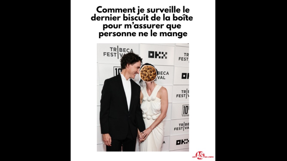 On voit l'ancien premier ministre du Canada, Justin Trudeau, qui tient la main d'une femme en la regardant avec beaucoup d'amour. Le visage de la femme est remplacé par un biscuit. Au-dessus du couple, il est écrit: « Comment je surveille le dernier biscuit de la boîte pour m'assurer que personne ne le mange ». 