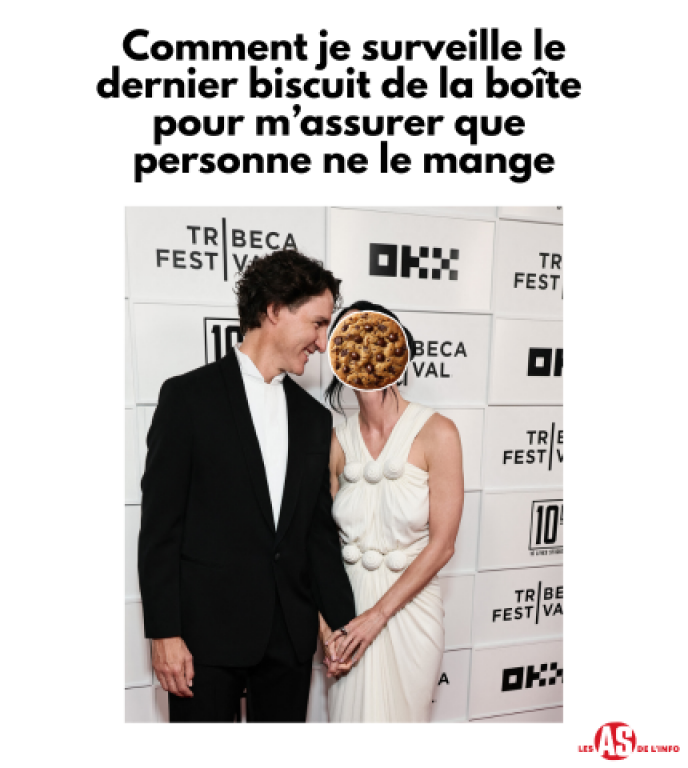 On voit l'ancien premier ministre du Canada, Justin Trudeau, qui tient la main d'une femme en la regardant avec beaucoup d'amour. Le visage de la femme est remplacé par un biscuit. Au-dessus du couple, il est écrit: « Comment je surveille le dernier biscuit de la boîte pour m'assurer que personne ne le mange ». 