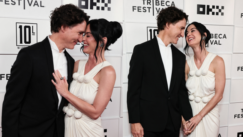 On voit deux photos de la chanteuse pop Katy Perry et l'ancien premier ministre du Canada, Justin Trudeau. Dans la première photo, ils se tiennent l'un et l'autre, et ils se regardent de très proche. Dans la deuxième photo, ils se tiennent la main, et ils se regardent avec beaucoup d'amour. 