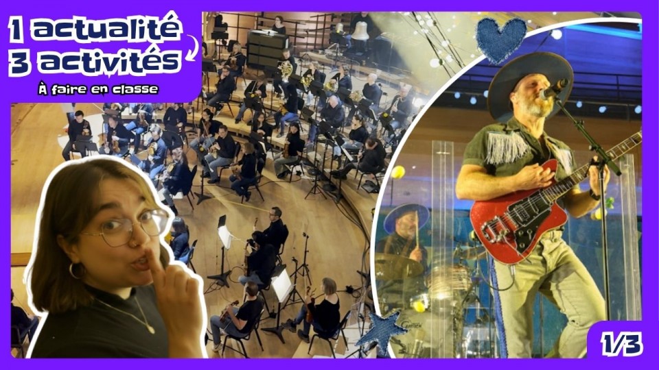 ]Un montage de trois photographies: Clause Cobra qui chante, l’orchestre symphonique vue de haut et la journaliste Camille Lopez