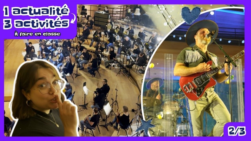 Un montage de trois photographies: Clause Cobra qui chante, l’orchestre symphonique vue de haut et la journaliste Camille Lopez