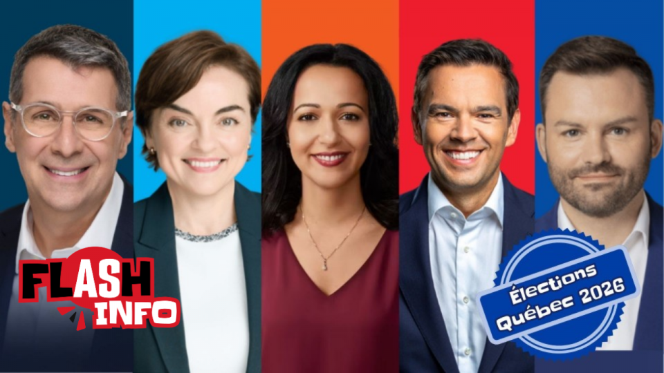 Éric Duhaime, chef du Parti conservateur du Québec; Christine Fréchette, première ministre du Québec et cheffe de la Coalition Avenir Québec; Ruba Ghazal, co-porte-parole de Québec solidaire; Charles Milliard, chef du Parti libéral du Québec; Paul St-Pierre Plamondon, chef du Parti québécois.