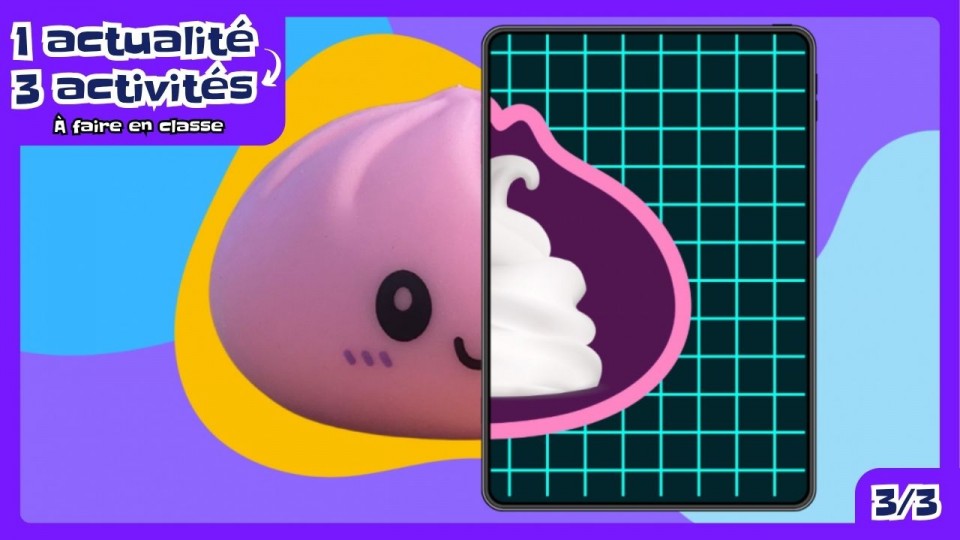 Un squishy dumpling. La moitié de droite est soumise à un scanner, comme pour voir ce qu’il y a à l’intérieur. 