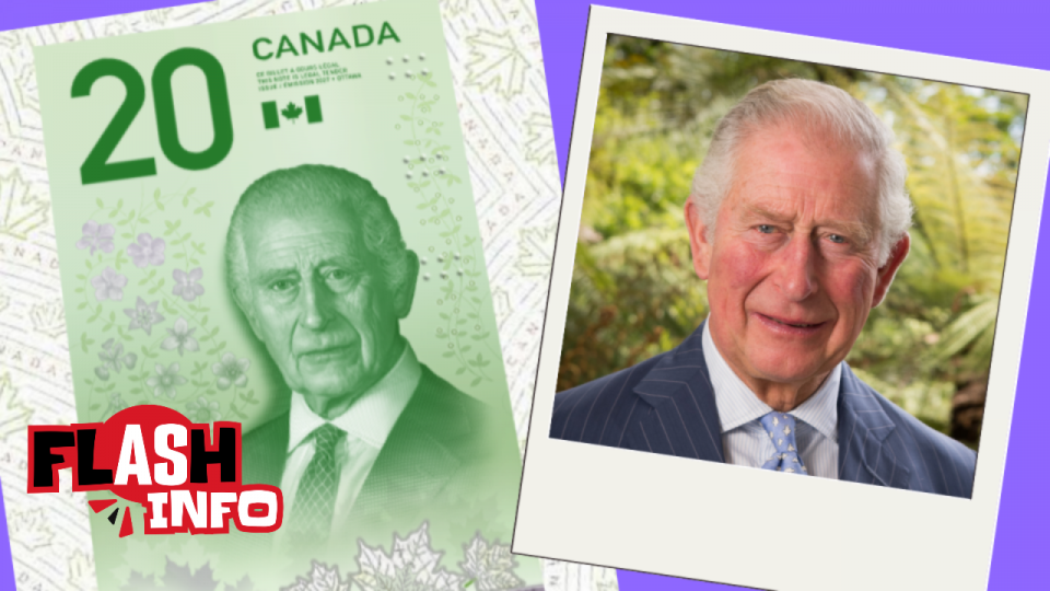 Un billet de 20 dollars canadien sur lequel apparaît le roi Charles III est juxtaposé à une photo récente du monarque.