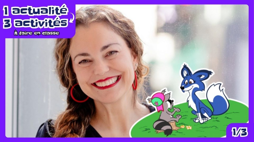 le visage souriant de la Commissaire au bien-être des enfants Marie-Eve Brunet Kitchen. On voit également, deux personnages: un renard bleu et un raton à casquette.