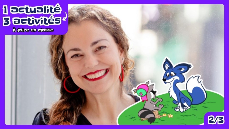 le visage souriant de la Commissaire au bien-être des enfants Marie-Eve Brunet Kitchen. On voit également, deux personnages: un renard bleu et un raton à casquette.